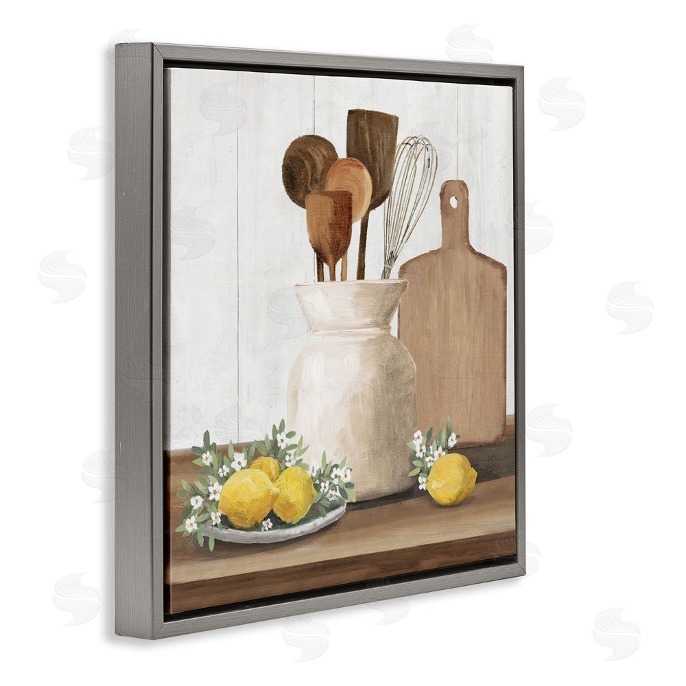 White Ladder Country Kitchen & Lemons Gray Floating Frame Canvas Wall Art Print