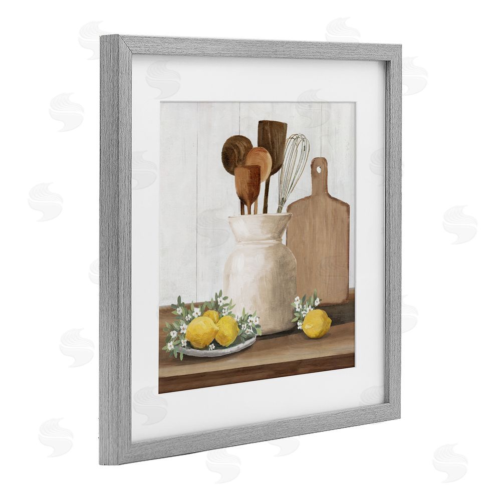 White Ladder Country Kitchen & Lemons Gray Framed Print Under Glass Wall Art