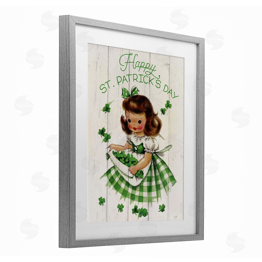 Lux + Me Designs Vintage St. Patrick's Day Girl Gray Framed Print Under Glass with White Mat Wall Art