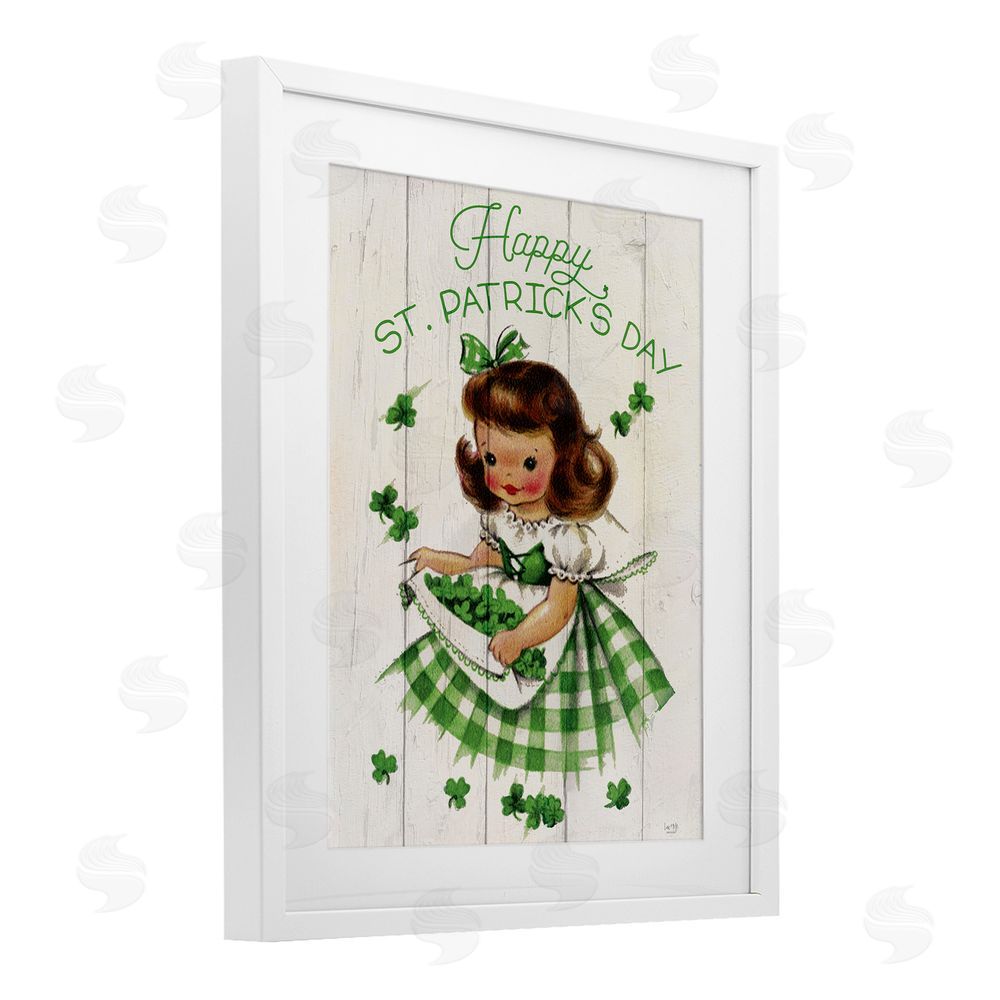 Lux + Me Designs Vintage St. Patrick's Day Girl White Framed Print Under Glass with Mat Wall Art