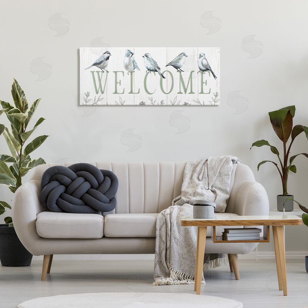 Elizabeth Tyndall Delicate Welcome Birds Stretched Canvas Wall Art Print in Room