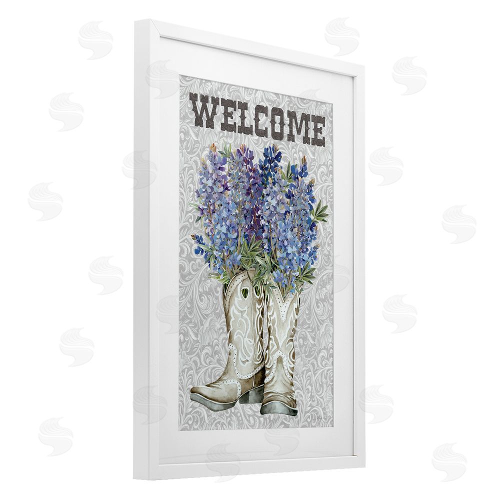 Cindy Jacobs Welcome Bluebonnet on Paisley White Framed Print Under Glass Wall Art