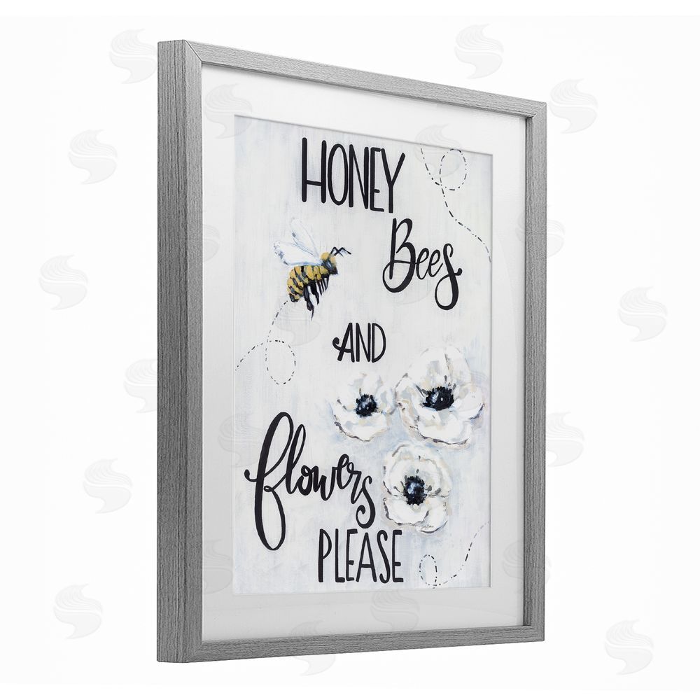 Sara Baker Garden Bees & Flowers Please Gray Framed Print Under Glass Wall Art