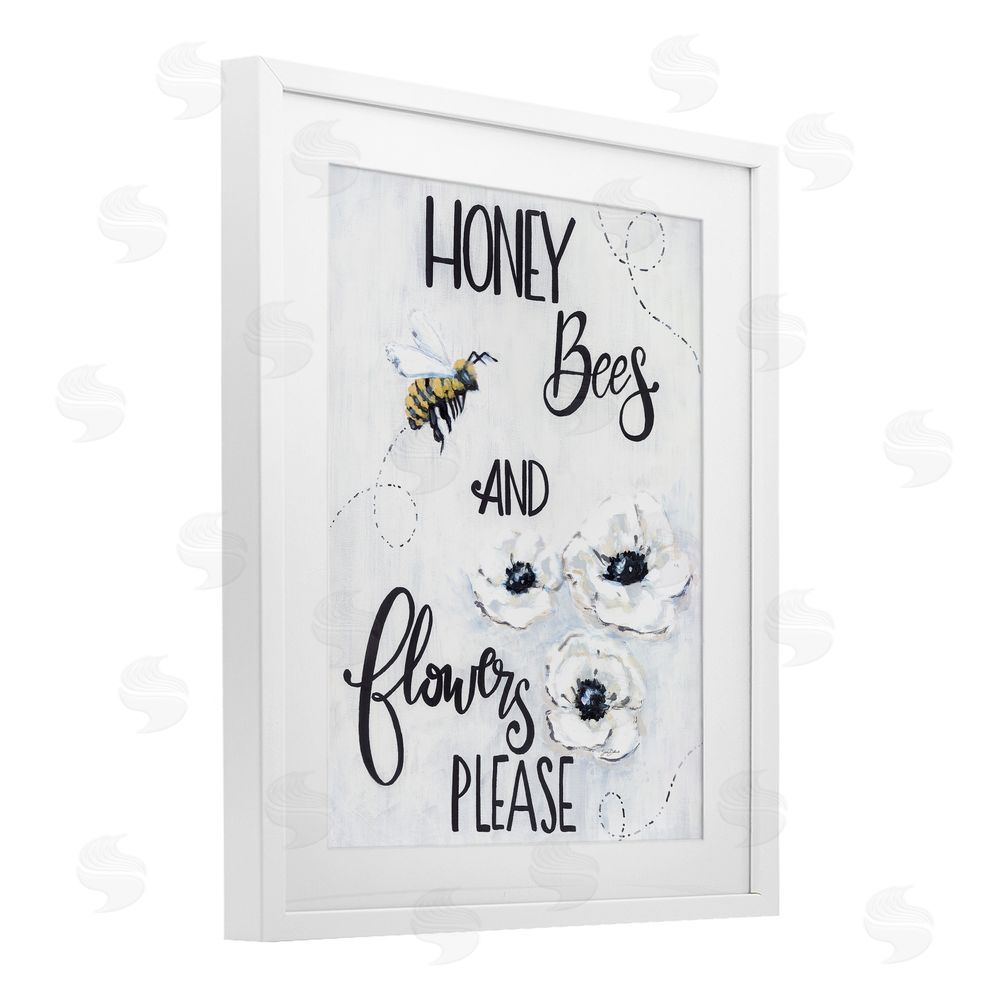 Sara Baker Garden Bees & Flowers Please White Framed Print Under Glass Wall Art