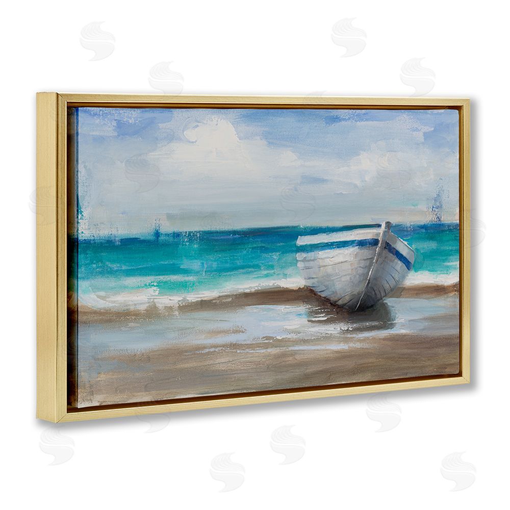 Cloverfield & Co. Painterly Boat On The Shore Gold Floating Frame Canvas Wall Art Print