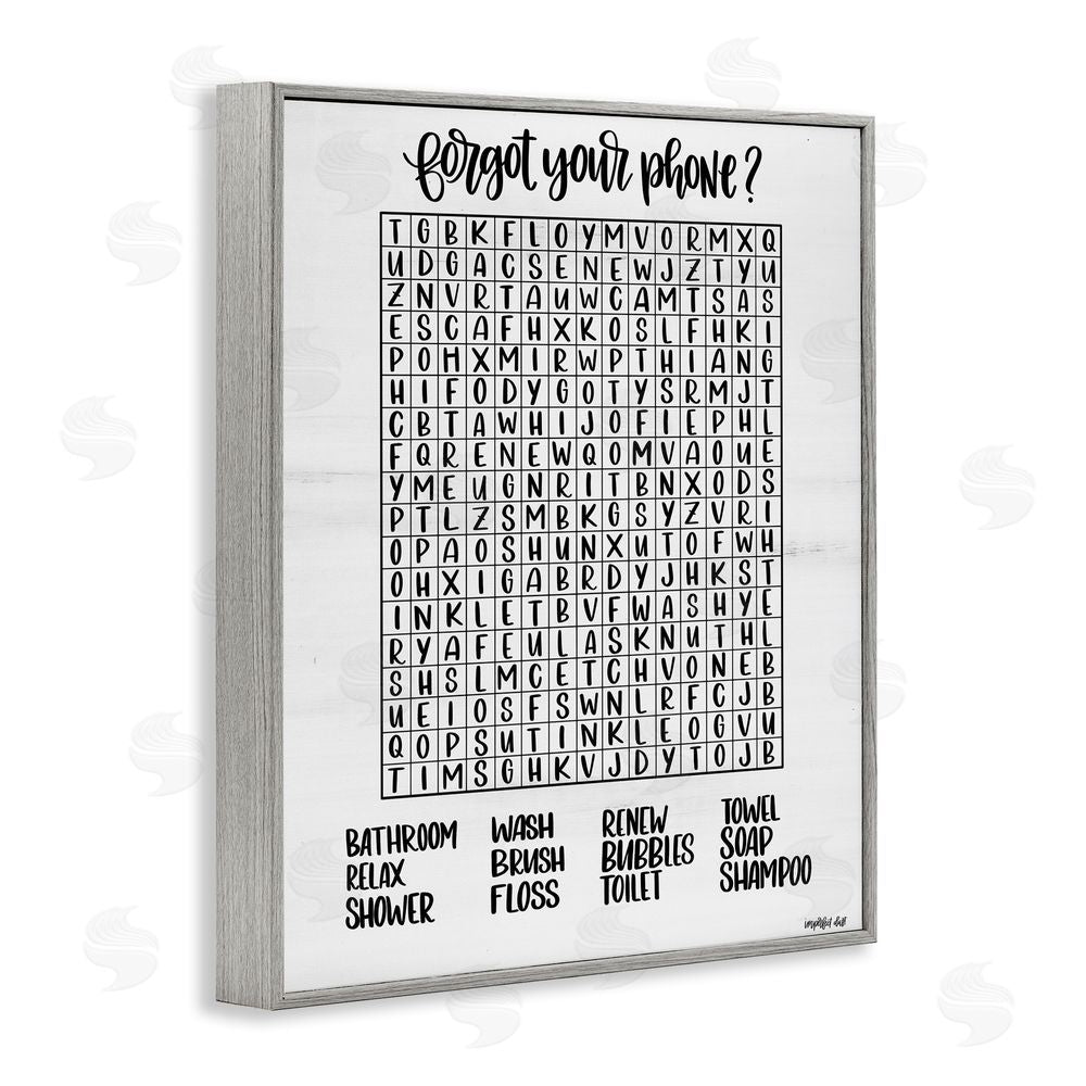 Imperfect Dust Forgot Phone Bathroom Wordsearch Gray Framed Giclee Wall Art Print