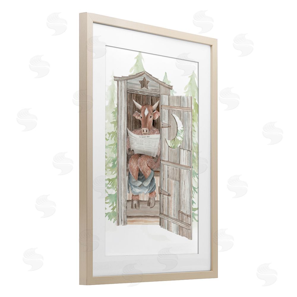 Cindy Jacobs Daily Moo Outhouse Reading Birch Framed Print Under Glass Wall Art