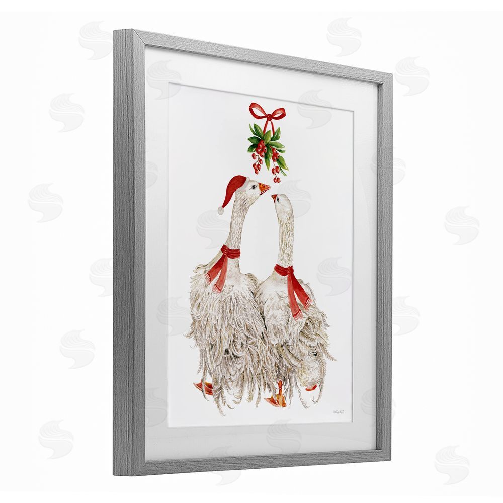 Cindy Jacobs Romantic Geese under Mistletoe Gray Framed Print Under Glass Art