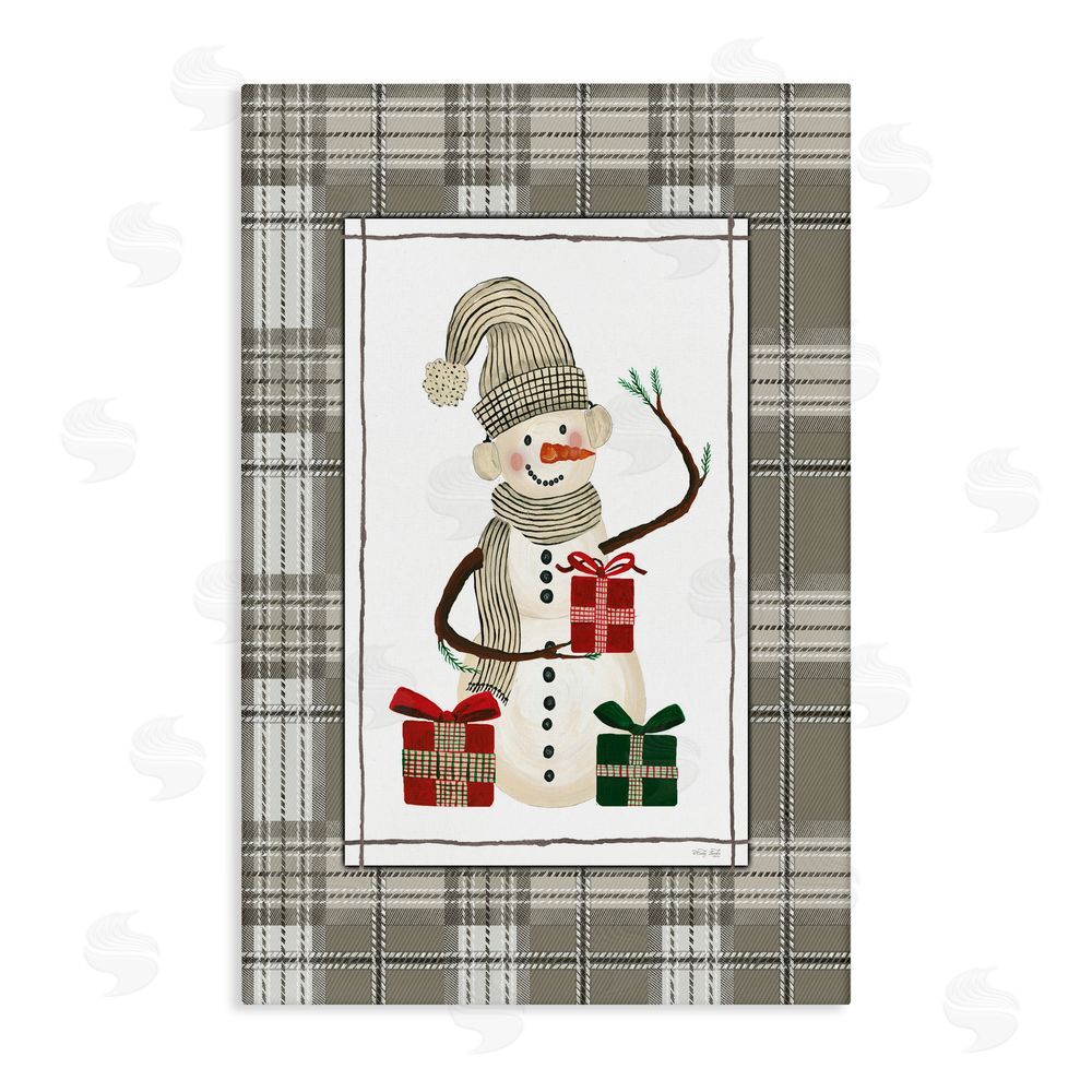 Cindy Jacobs Cozy Winter Snowman Green Plaid Canvas Wall Art Print
