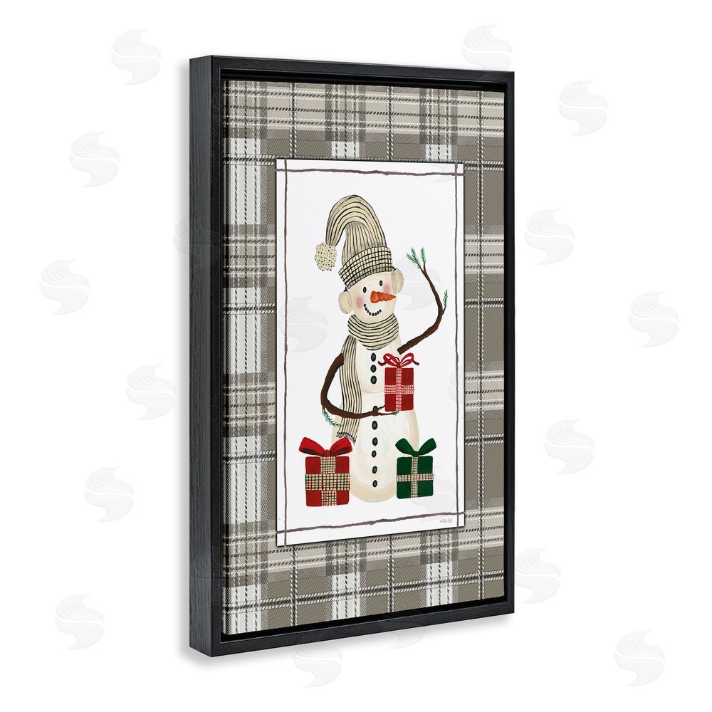 Cindy Jacobs Cozy Winter Snowman Green Plaid Black Floating Frame Canvas Wall Art Print