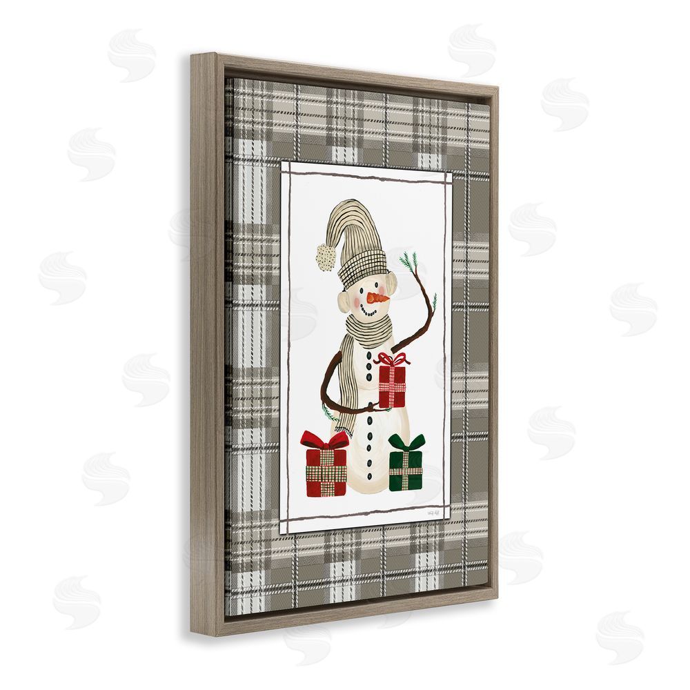 Cindy Jacobs Cozy Winter Snowman Green Plaid Brown Floating Frame Canvas Wall Art Print