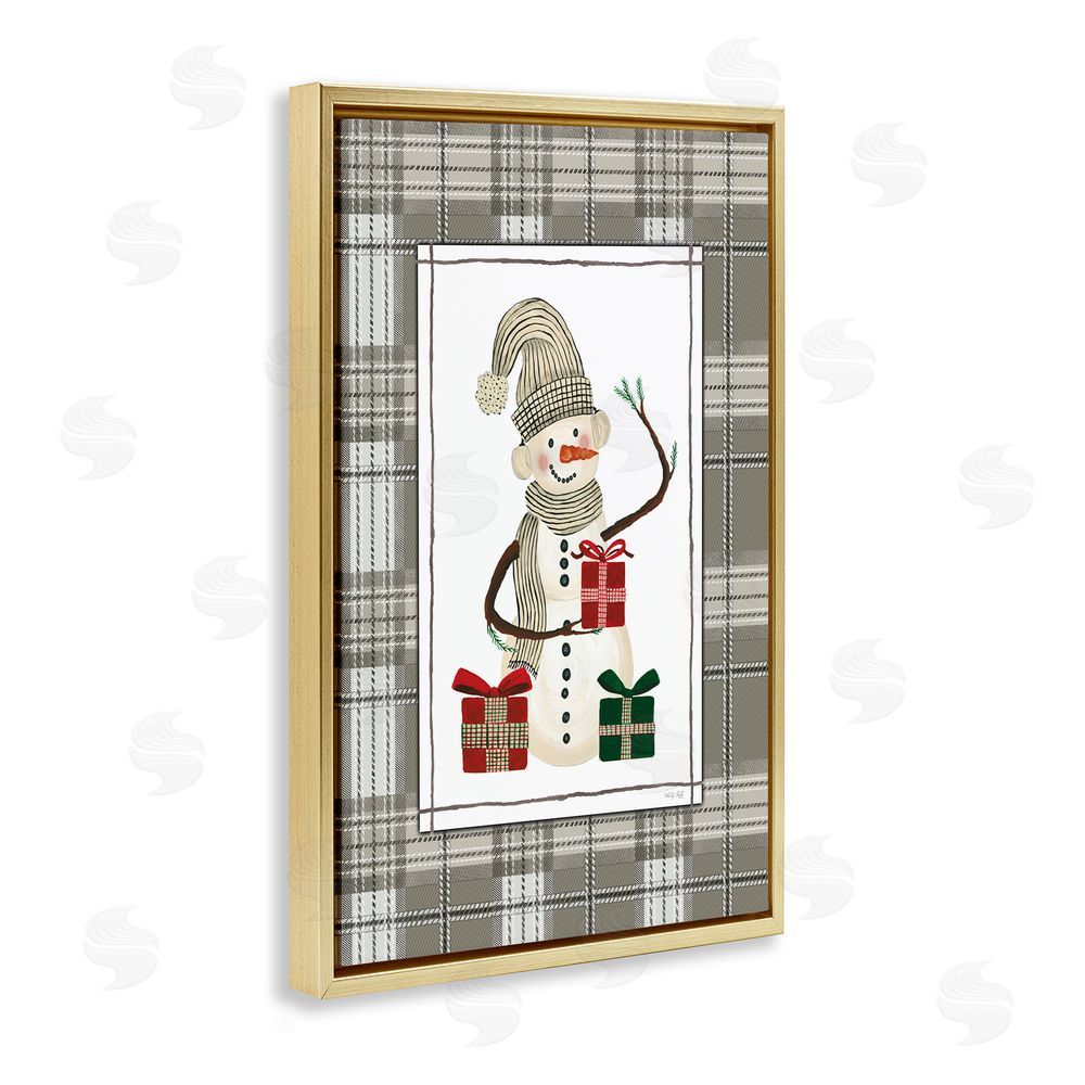 Cindy Jacobs Cozy Winter Snowman Green Plaid Gold Floating Frame Canvas Wall Art Print
