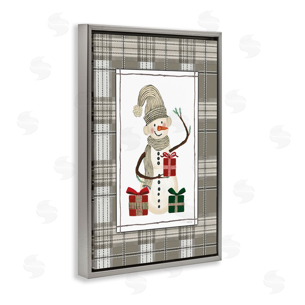 Cindy Jacobs Cozy Winter Snowman Green Plaid Gray Floating Frame Canvas Wall Art Print