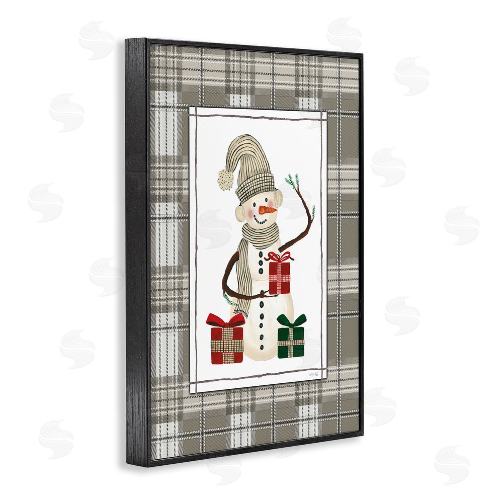 Cindy Jacobs Cozy Winter Snowman Green Plaid Black Framed Giclee Wall Art Print