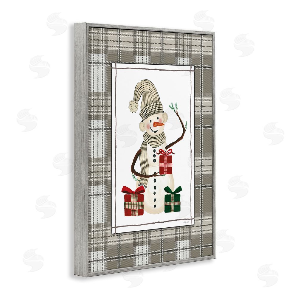 Cindy Jacobs Cozy Winter Snowman Green Plaid Gray Framed Giclee Wall Art Print