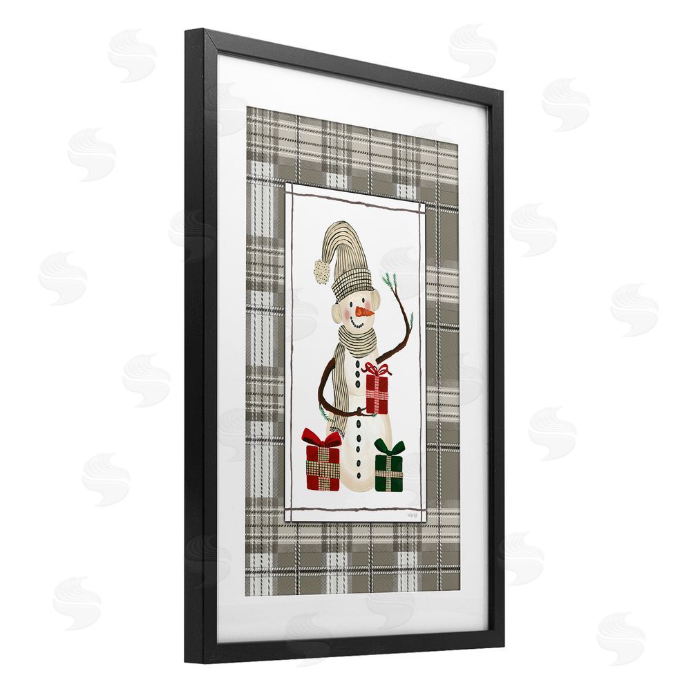Cindy Jacobs Cozy Winter Snowman Green Plaid Black Framed Print Under Glass with White Mat Wall Art