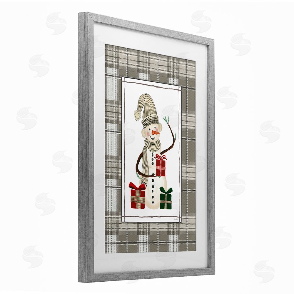 Cindy Jacobs Cozy Winter Snowman Green Plaid Gray Framed Print Under Glass with White Mat Wall Art