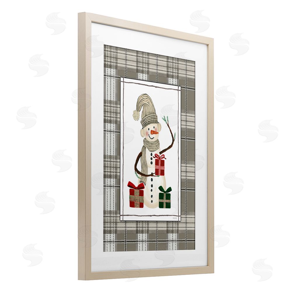 Cindy Jacobs Cozy Winter Snowman Green Plaid Birch Framed Print Under Glass with White Mat Wall Art