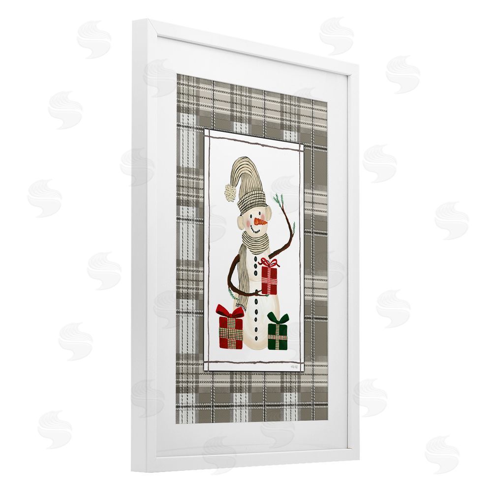 Cindy Jacobs Cozy Winter Snowman Green Plaid White Framed Print Under Glass with Mat Wall Art