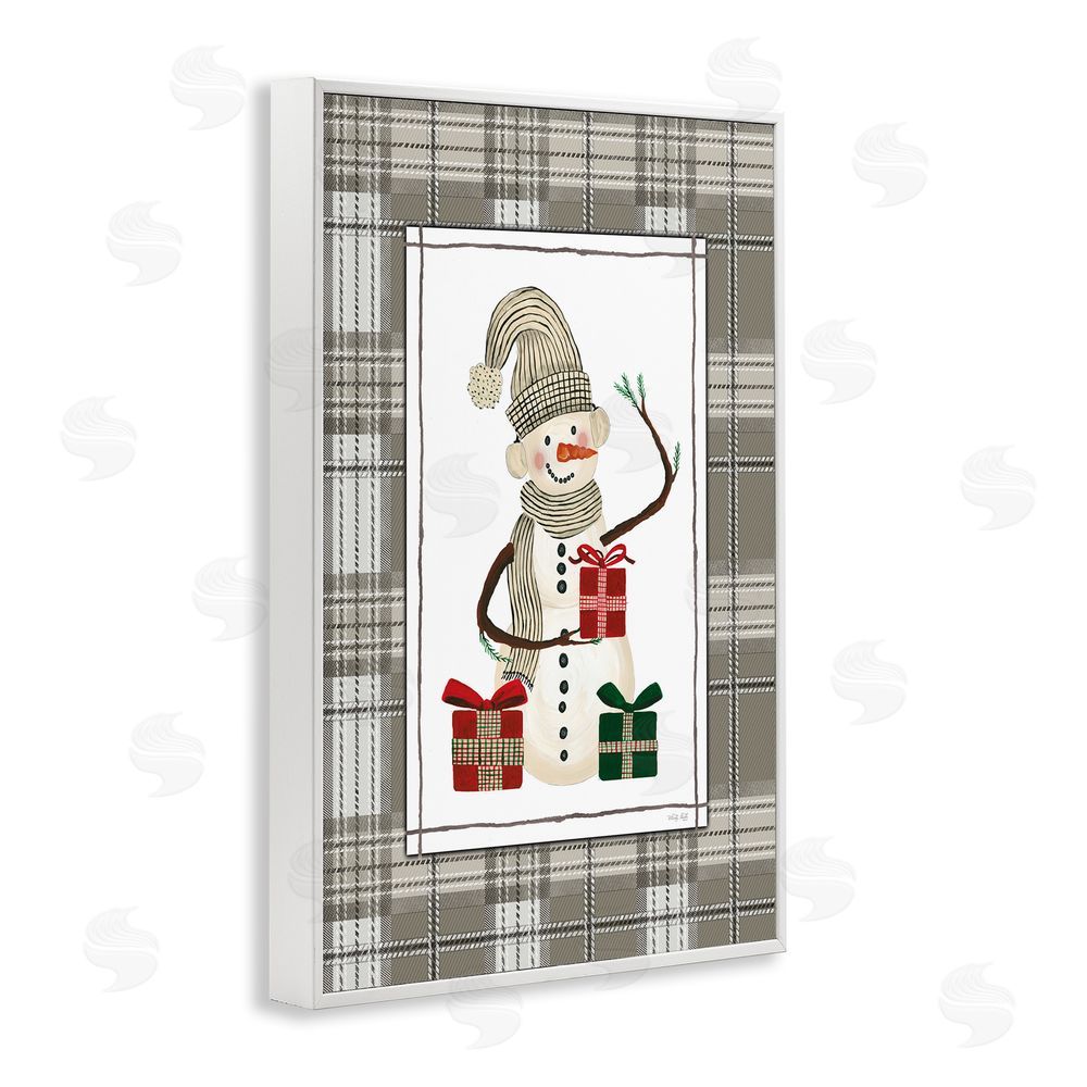 Cindy Jacobs Cozy Winter Snowman Green Plaid White Framed Giclee Wall Art Print