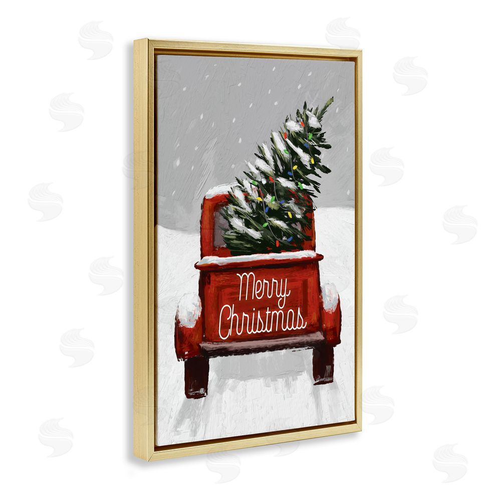 Dogwood Portfolio Merry Christmas Snowy Tree Truck Gold Floating Frame Canvas Art Print