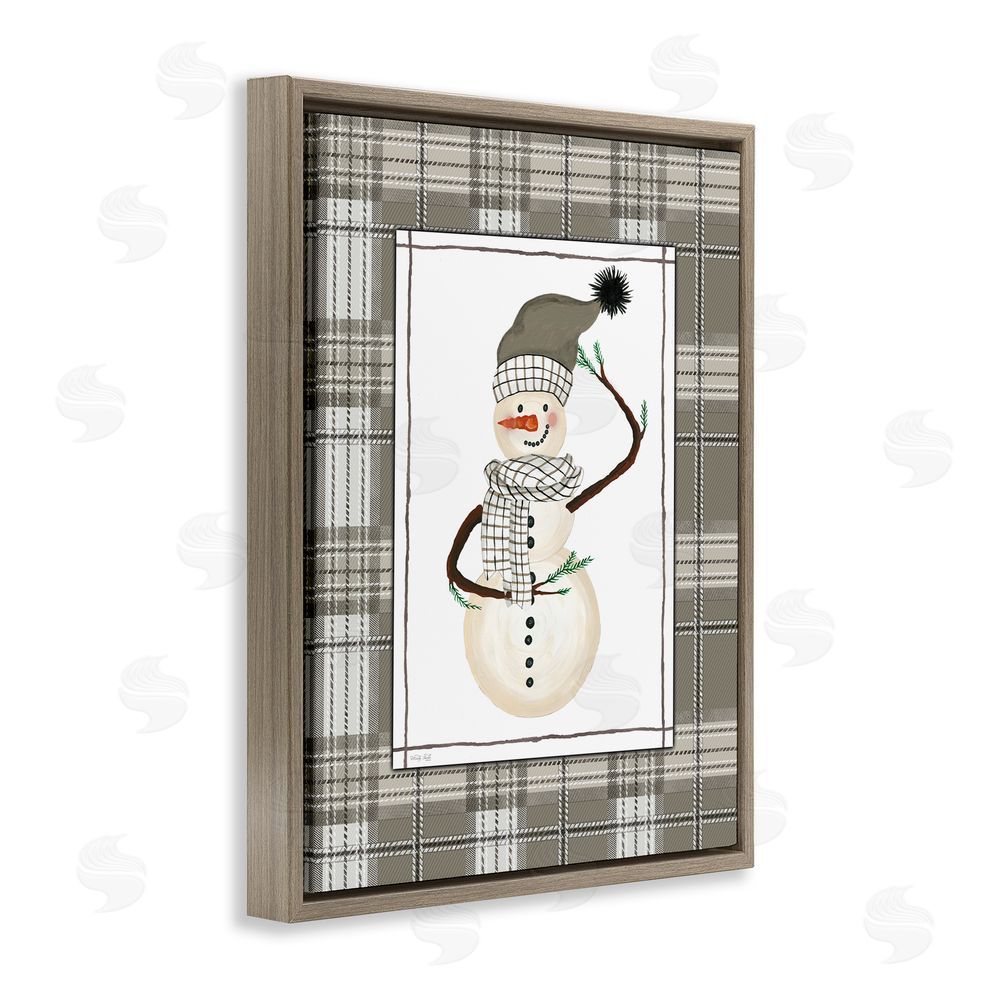 Cindy Jacobs Winter Snowman Green Plaid Brown Floating Frame Canvas Art Print