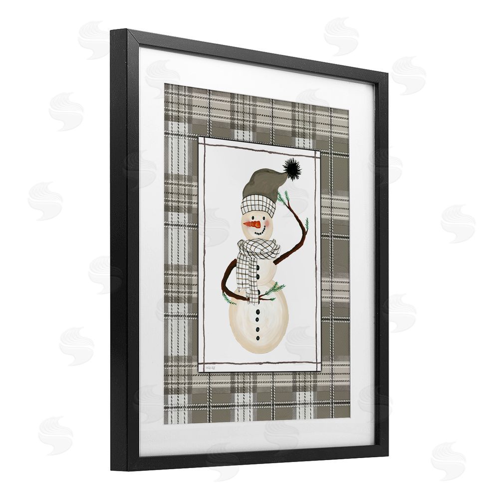 Cindy Jacobs Winter Snowman Green Plaid Black Framed Print Under Glass Art