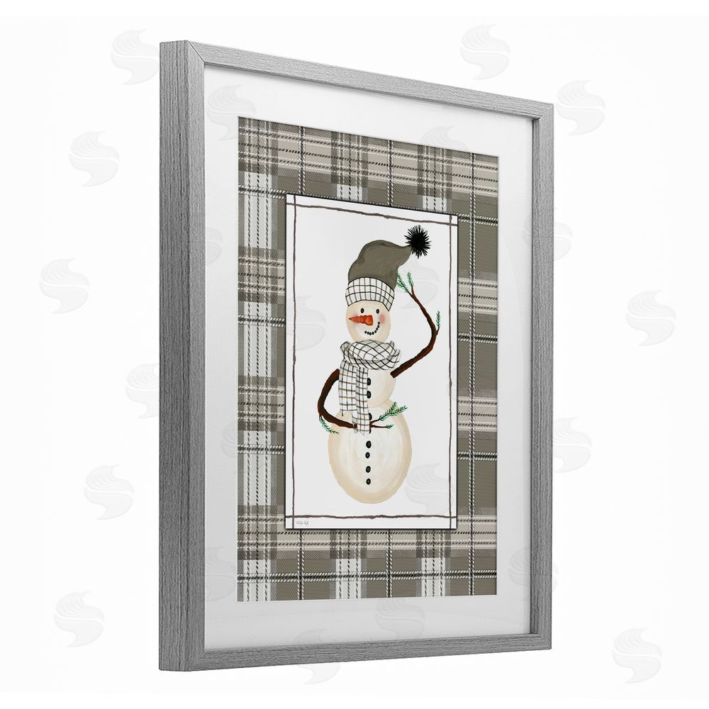Cindy Jacobs Winter Snowman Green Plaid Gray Framed Print Under Glass Art