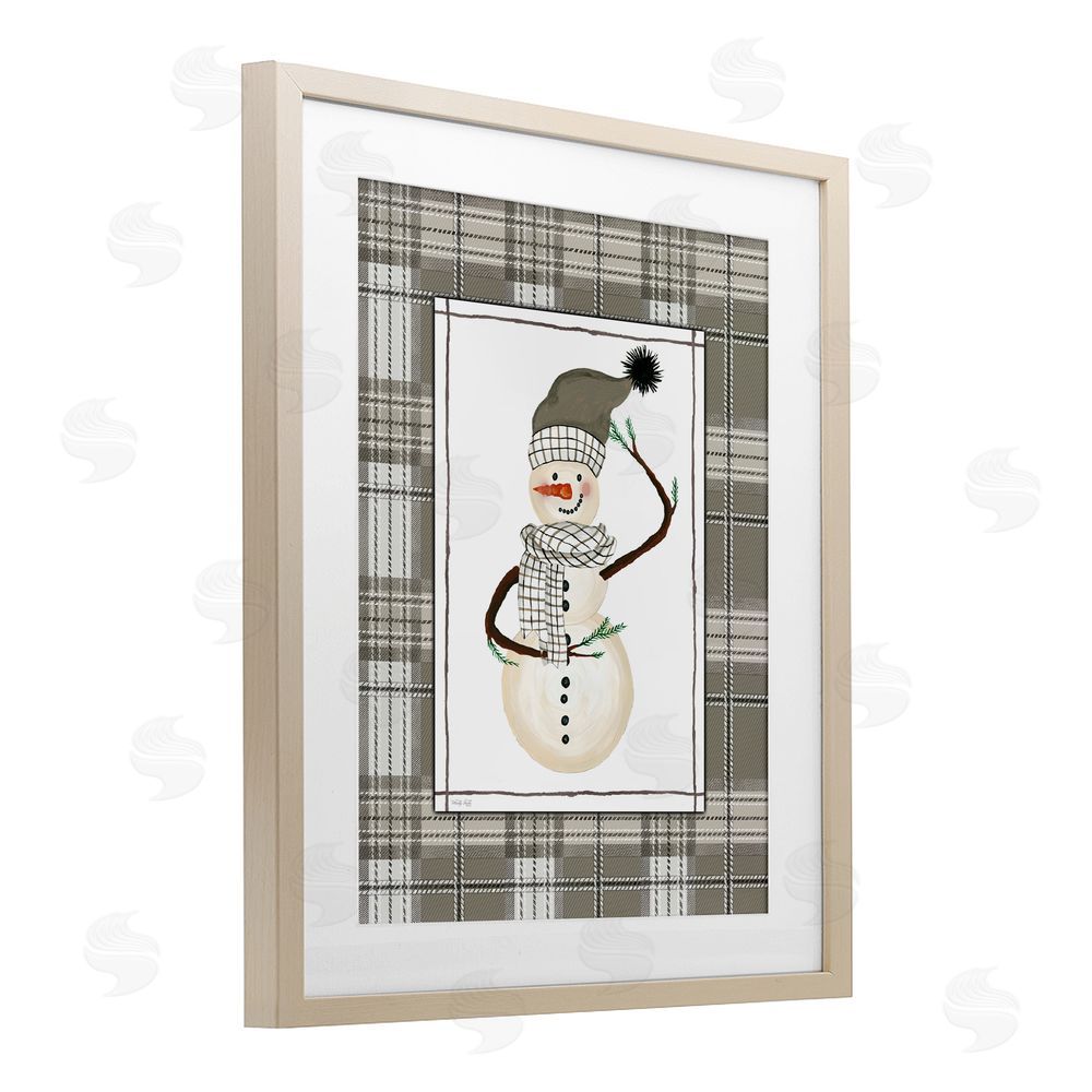 Cindy Jacobs Winter Snowman Green Plaid Birch Framed Print Under Glass Art