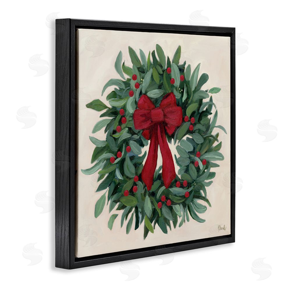 Kate Sherrill Ribbon Holly Wreath Black Floating Frame Canvas Wall Art Print