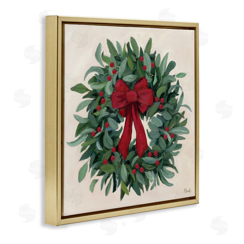 Kate Sherrill Ribbon Holly Wreath Gold Floating Frame Canvas Art Print