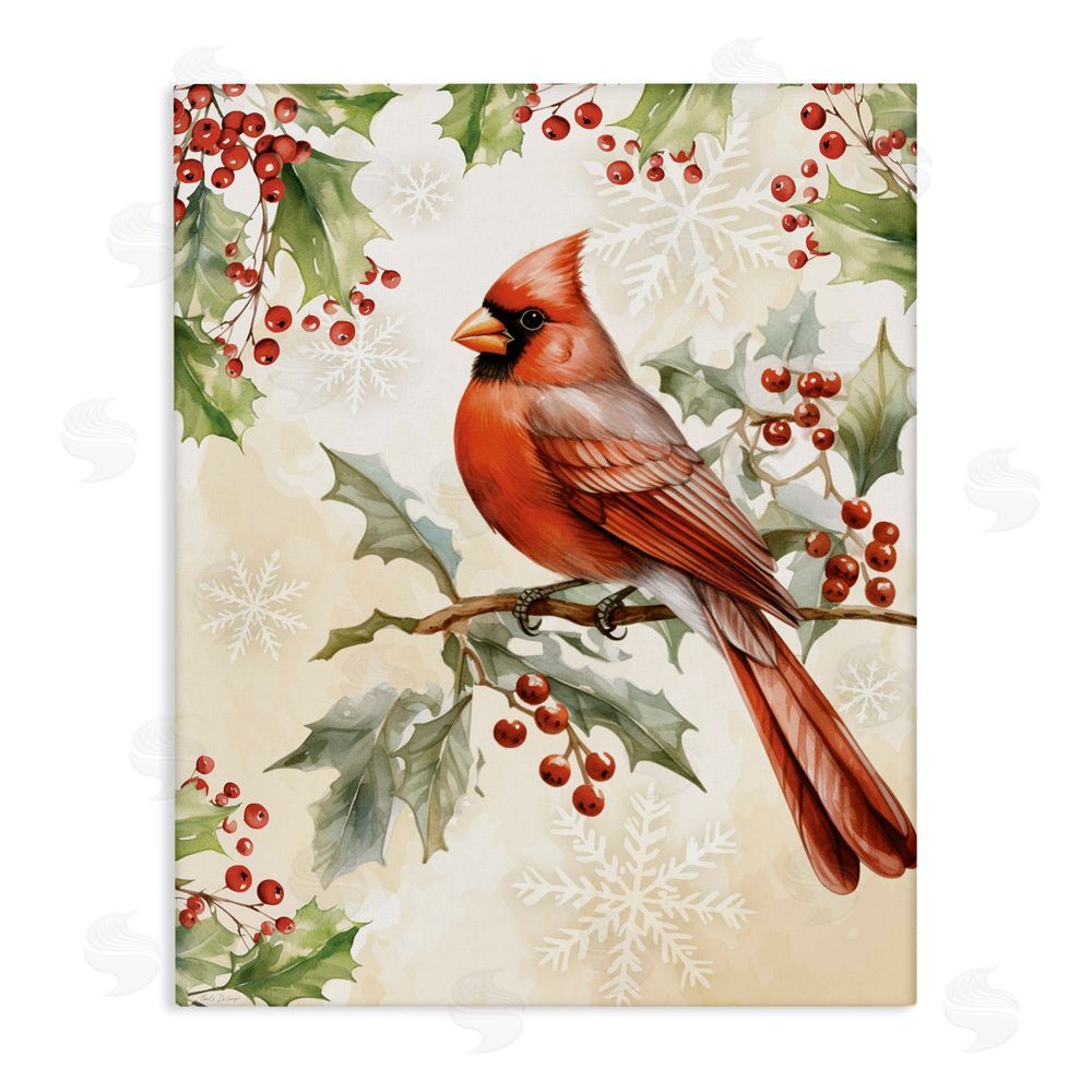 Nicole DeCamp Cardinal on Holly Branch Canvas Wall Art Print
