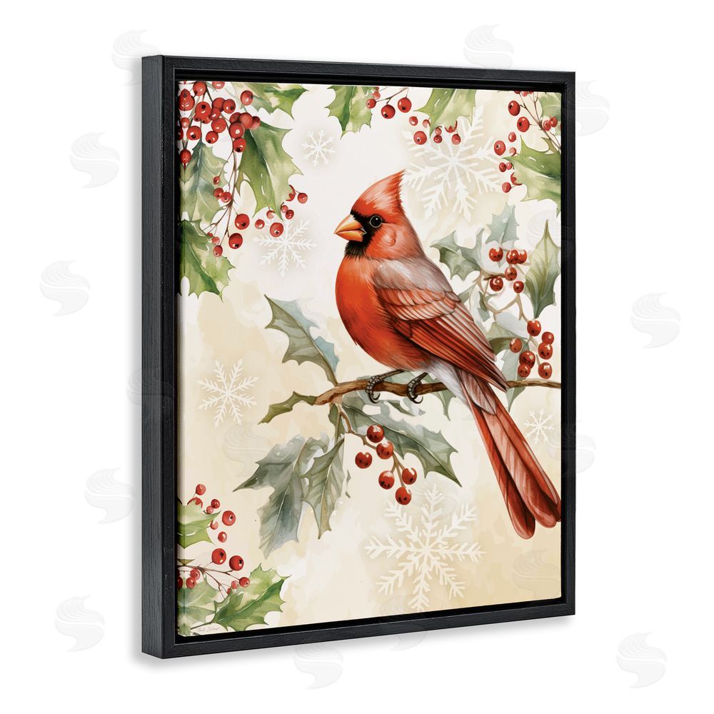 Nicole DeCamp Cardinal on Holly Branch Black Floating Frame Canvas Wall Art Print