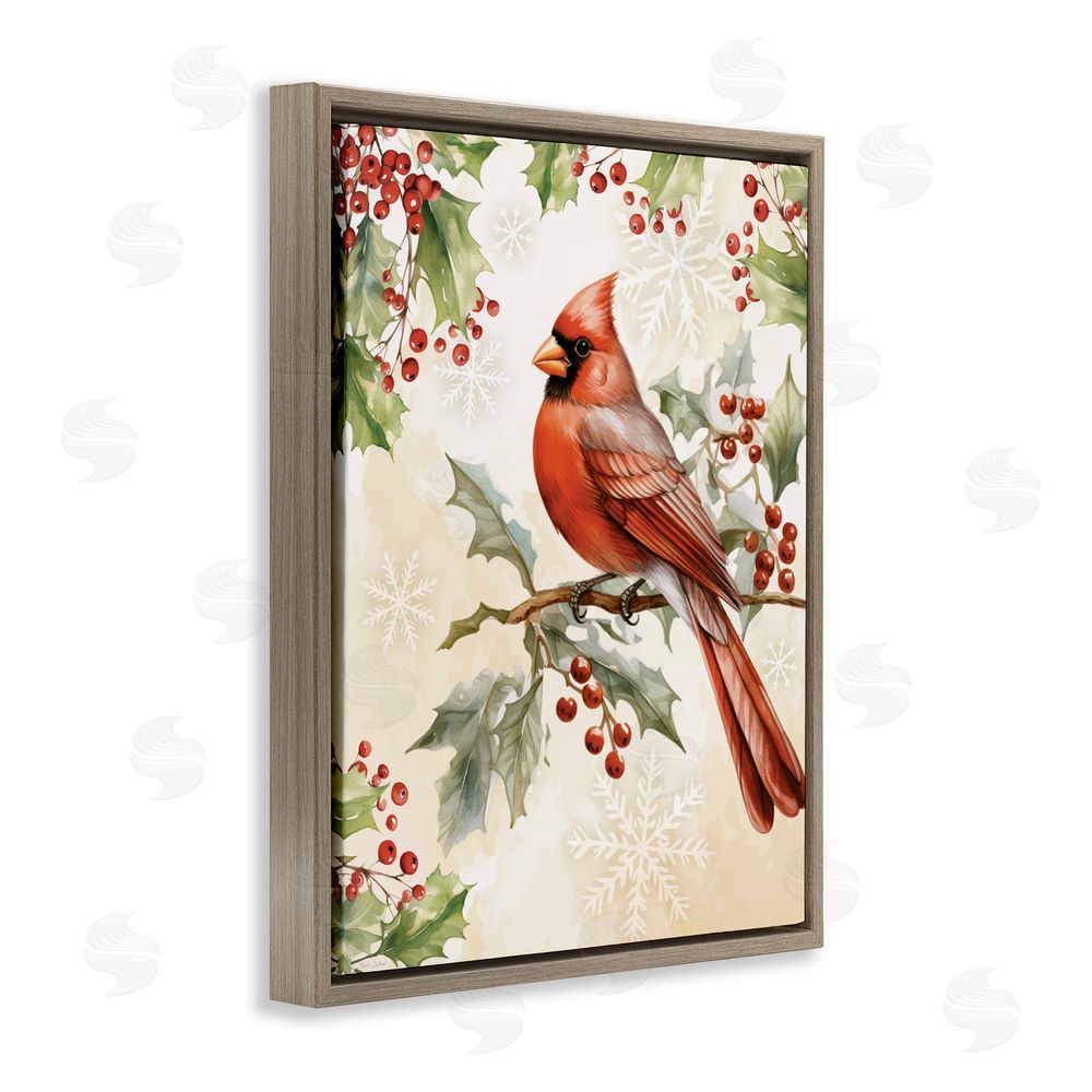 Nicole DeCamp Cardinal on Holly Branch Brown Floating Frame Canvas Art Print
