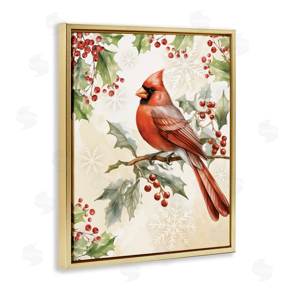 Nicole DeCamp Cardinal on Holly Branch Gold Floating Frame Canvas Art Print