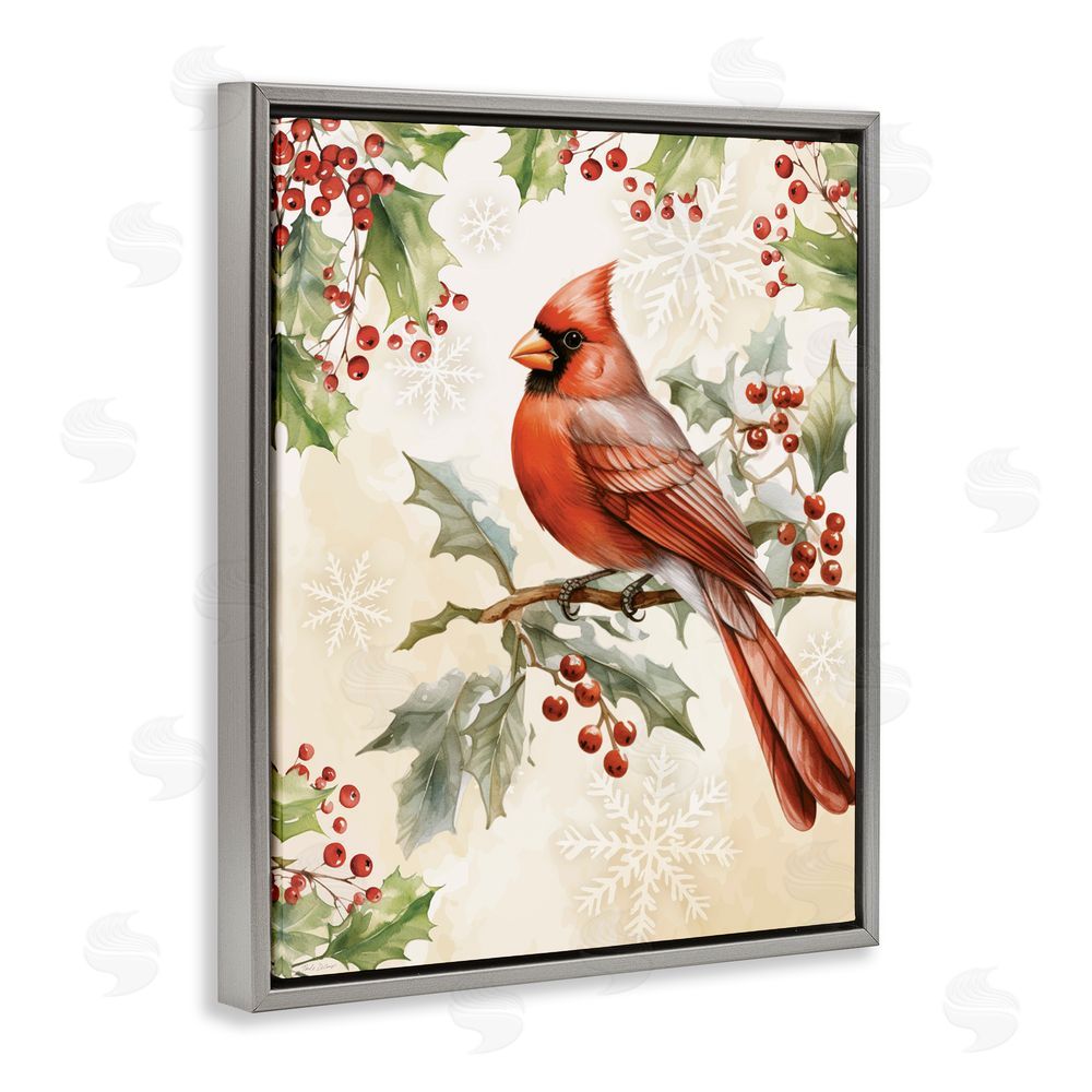 Nicole DeCamp Cardinal on Holly Branch Gray Floating Frame Canvas Art Print