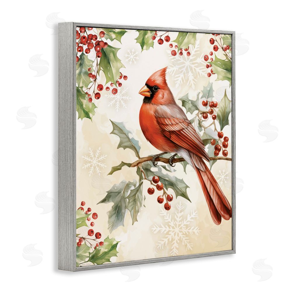 Nicole DeCamp Cardinal on Holly Branch Gray Framed Giclee Art Print