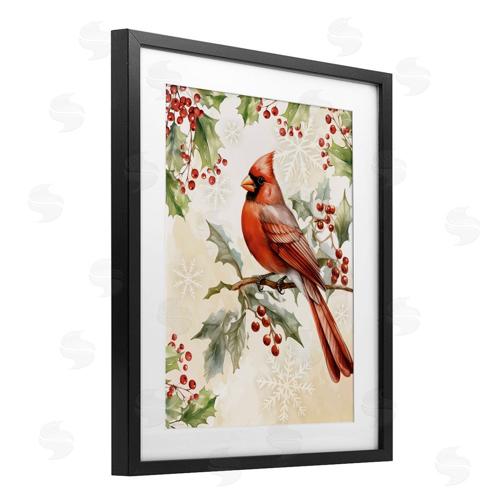 Nicole DeCamp Cardinal on Holly Branch Black Framed Print Under Glass Art
