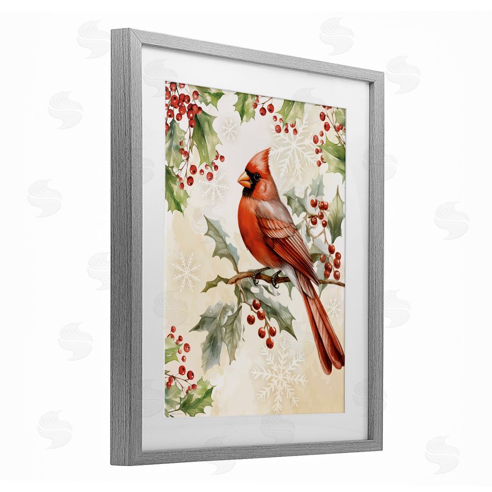 Nicole DeCamp Cardinal on Holly Branch Gray Framed Print Under Glass Art