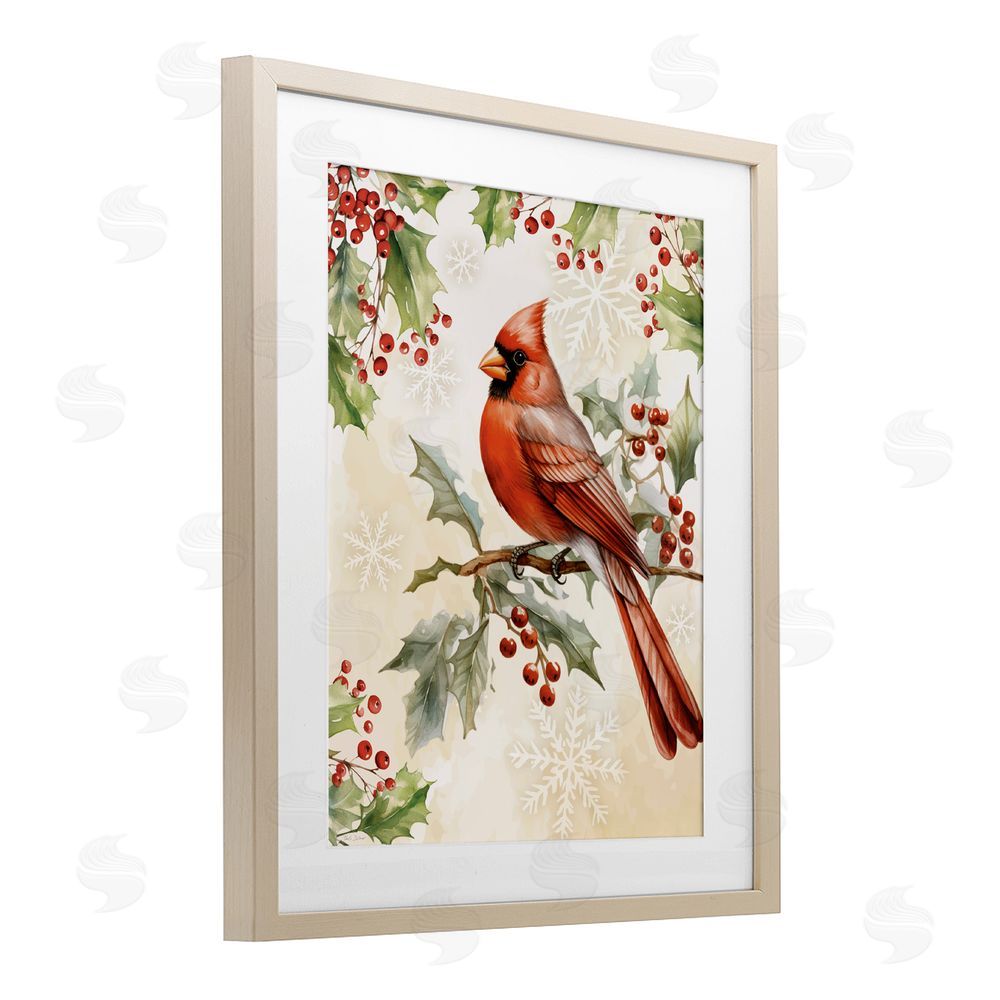 Nicole DeCamp Cardinal on Holly Branch Birch Framed Print Under Glass Art
