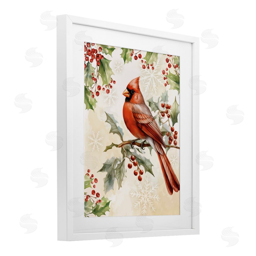 Nicole DeCamp Cardinal on Holly Branch White Framed Print Under Glass Art