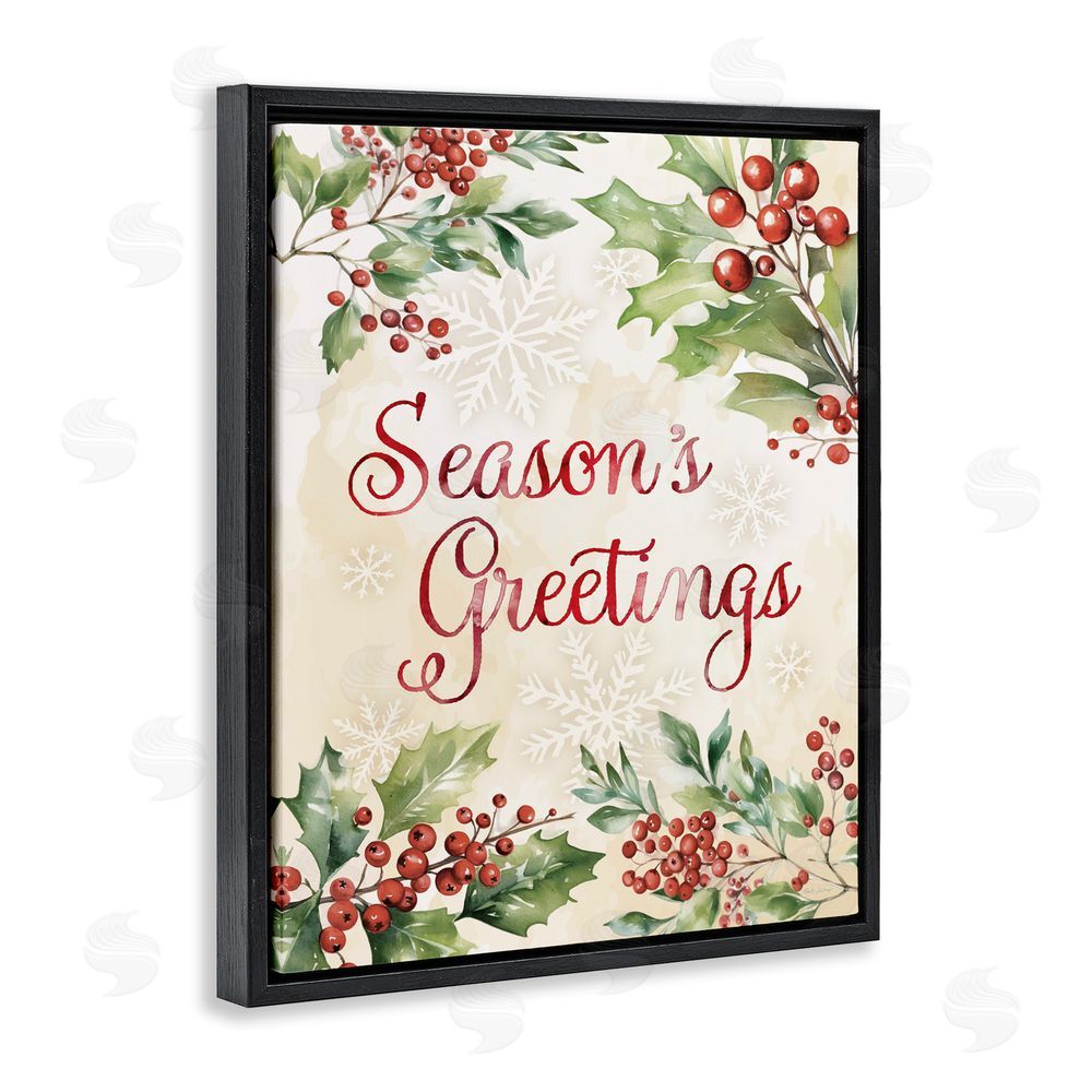 Nicole DeCamp Season's Greetings Holly Berries Black Floating Frame Canvas Wall Art Print
