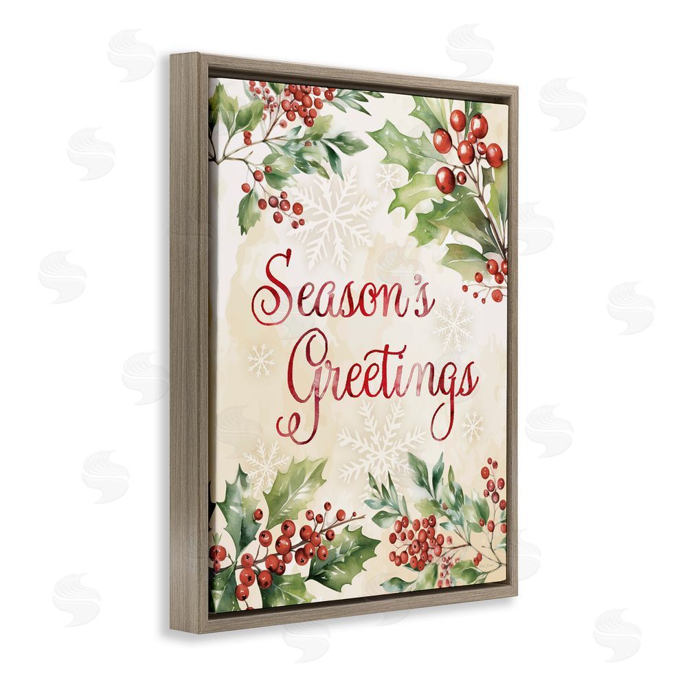 Nicole DeCamp Season's Greetings Holly Berries Brown Floating Frame Canvas Art Print