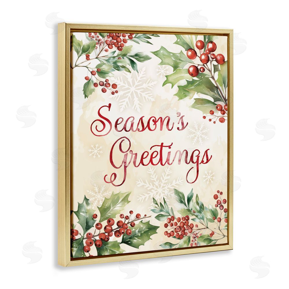 Nicole DeCamp Season's Greetings Holly Berries Gold Floating Frame Canvas Art Print