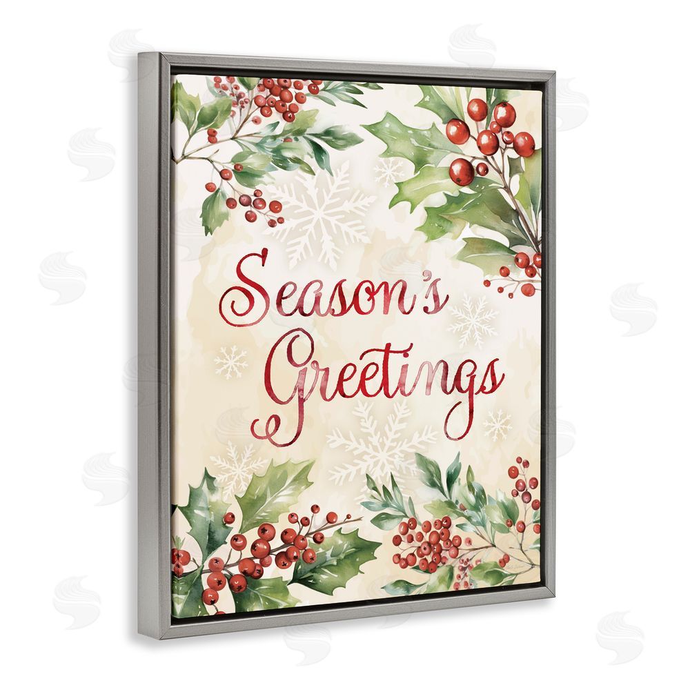 Nicole DeCamp Season's Greetings Holly Berries Gray Floating Frame Canvas Art Print