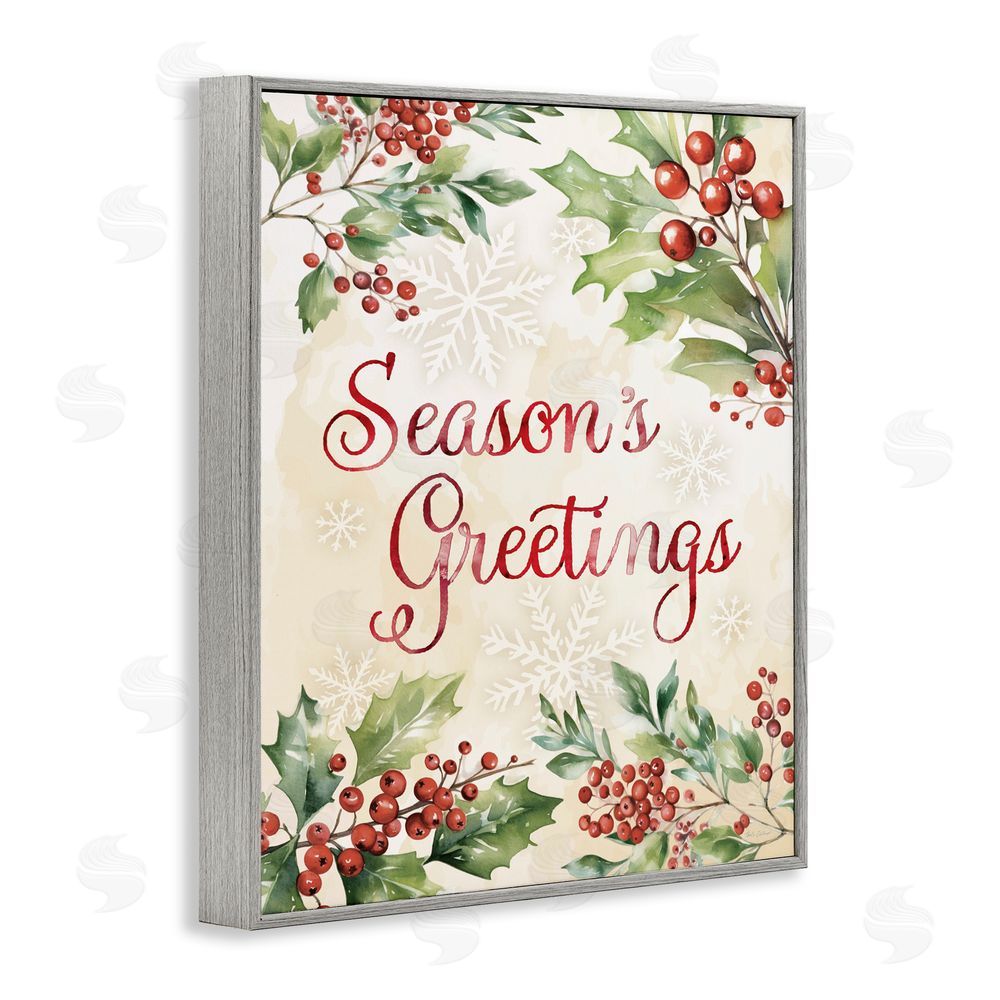 Nicole DeCamp Season's Greetings Holly Berries Gray Framed Giclee Art Print