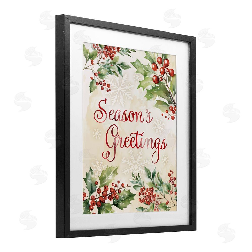 Nicole DeCamp Season's Greetings Holly Berries Black Framed Print Under Glass Art