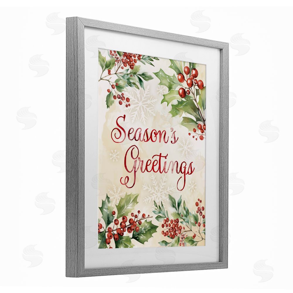 Nicole DeCamp Season's Greetings Holly Berries Gray Framed Print Under Glass Art