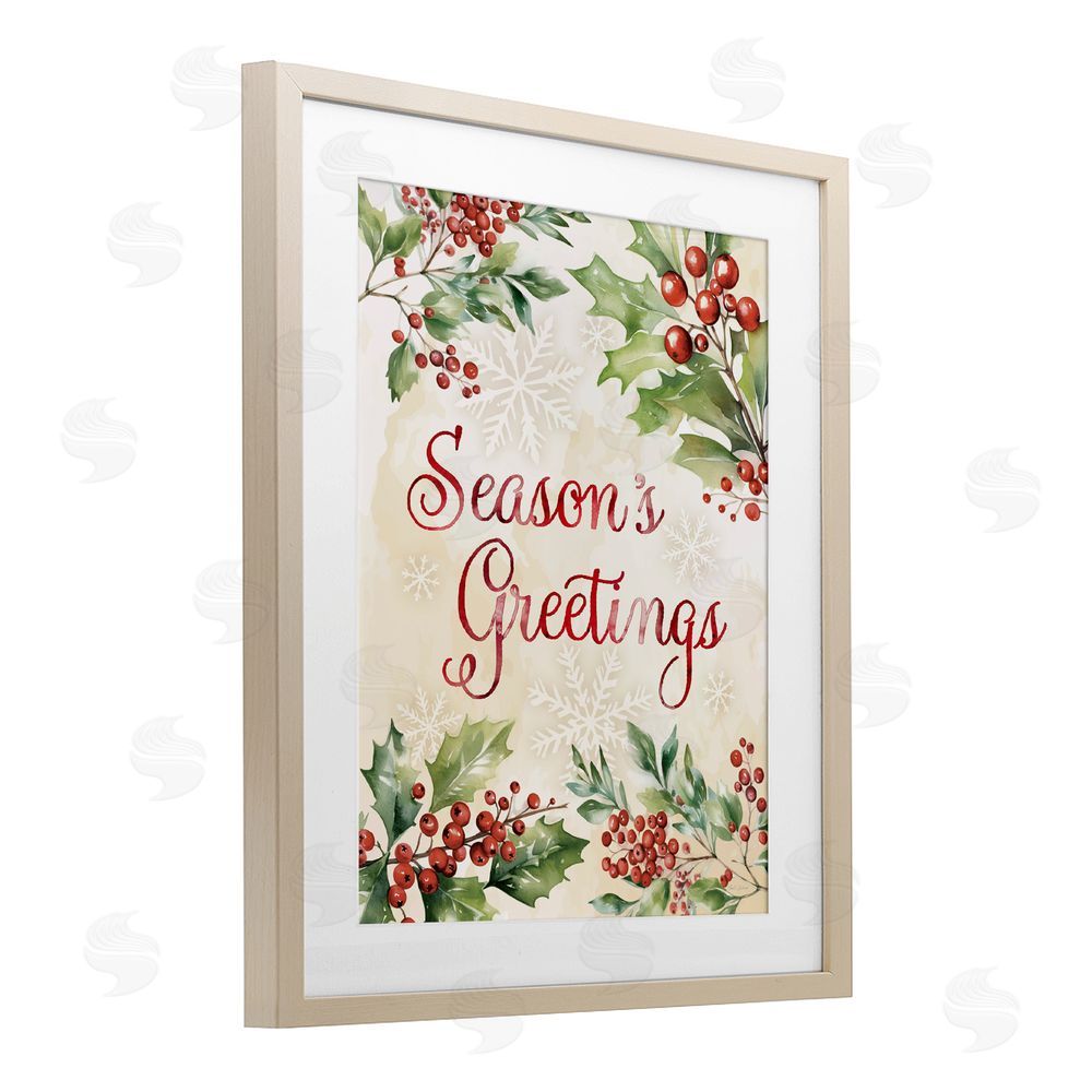Nicole DeCamp Season's Greetings Holly Berries Birch Framed Print Under Glass Art