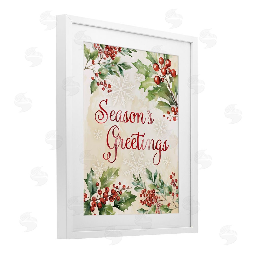 Nicole DeCamp Season's Greetings Holly Berries White Framed Print Under Glass Art